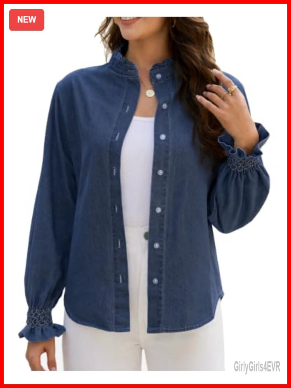 Women's Denim Button Down Shirt Ruffle Stand Collar Cotton Blouse